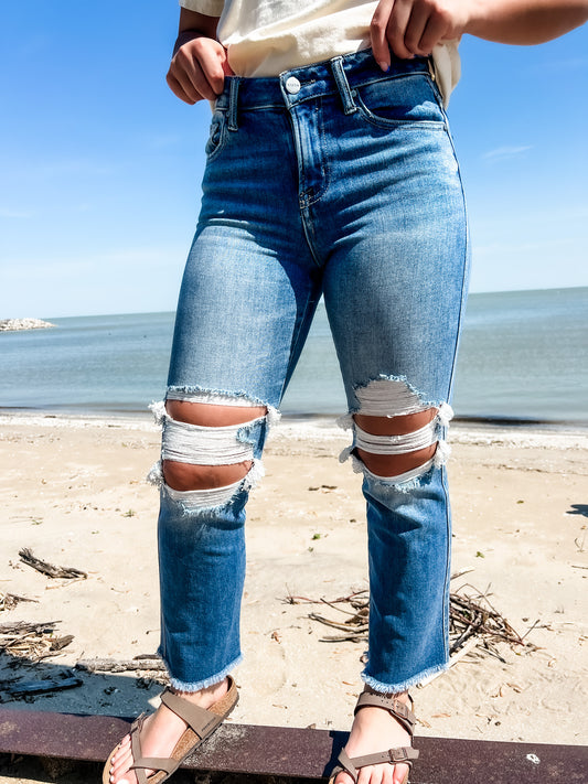 Loving God | Kayla Distressed Cropped Flare Denim Jeans