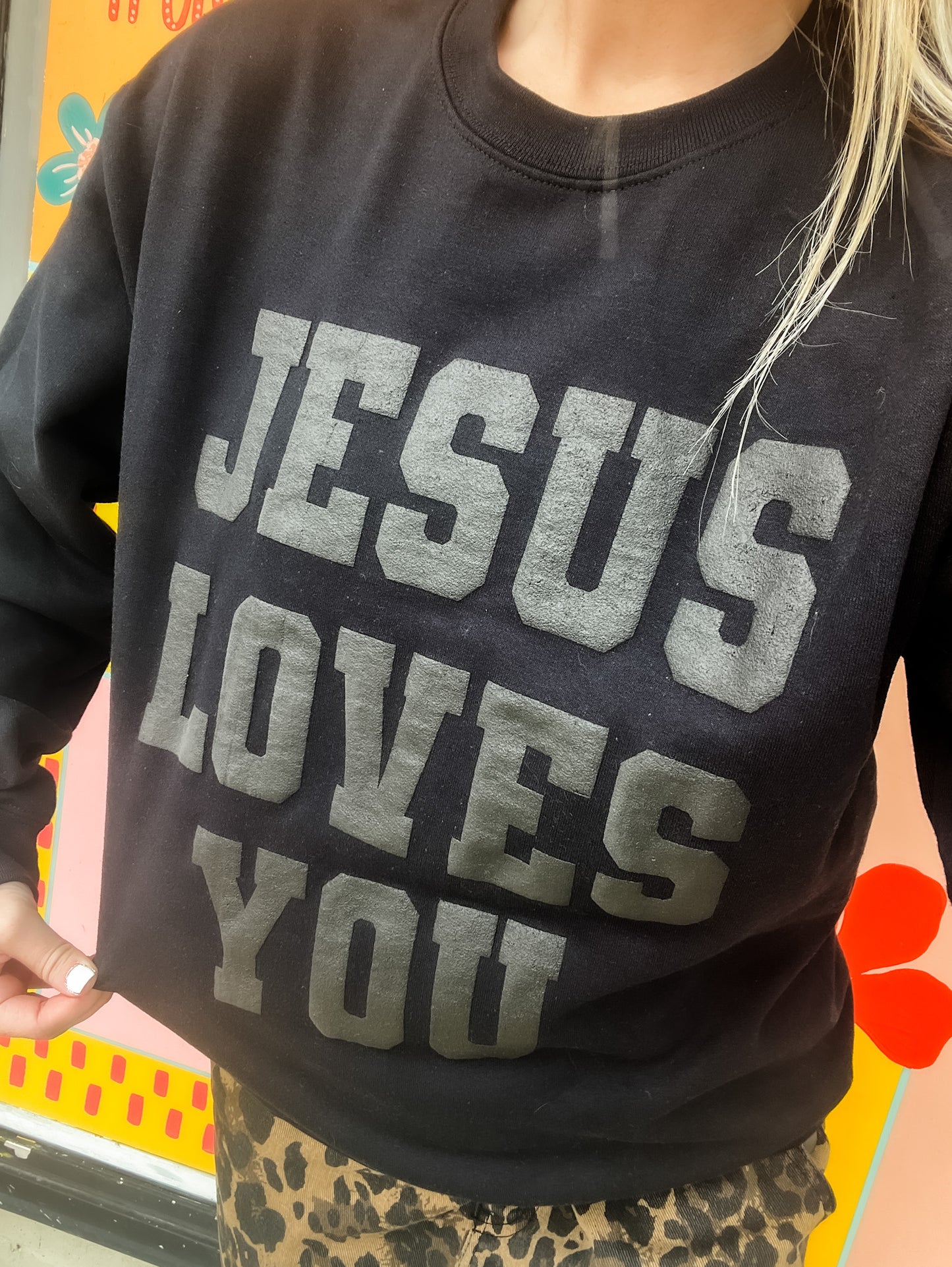 Loving God | Jesus Loves You Black Loose Fit Crewneck Size up for Oversize Christian Apparel