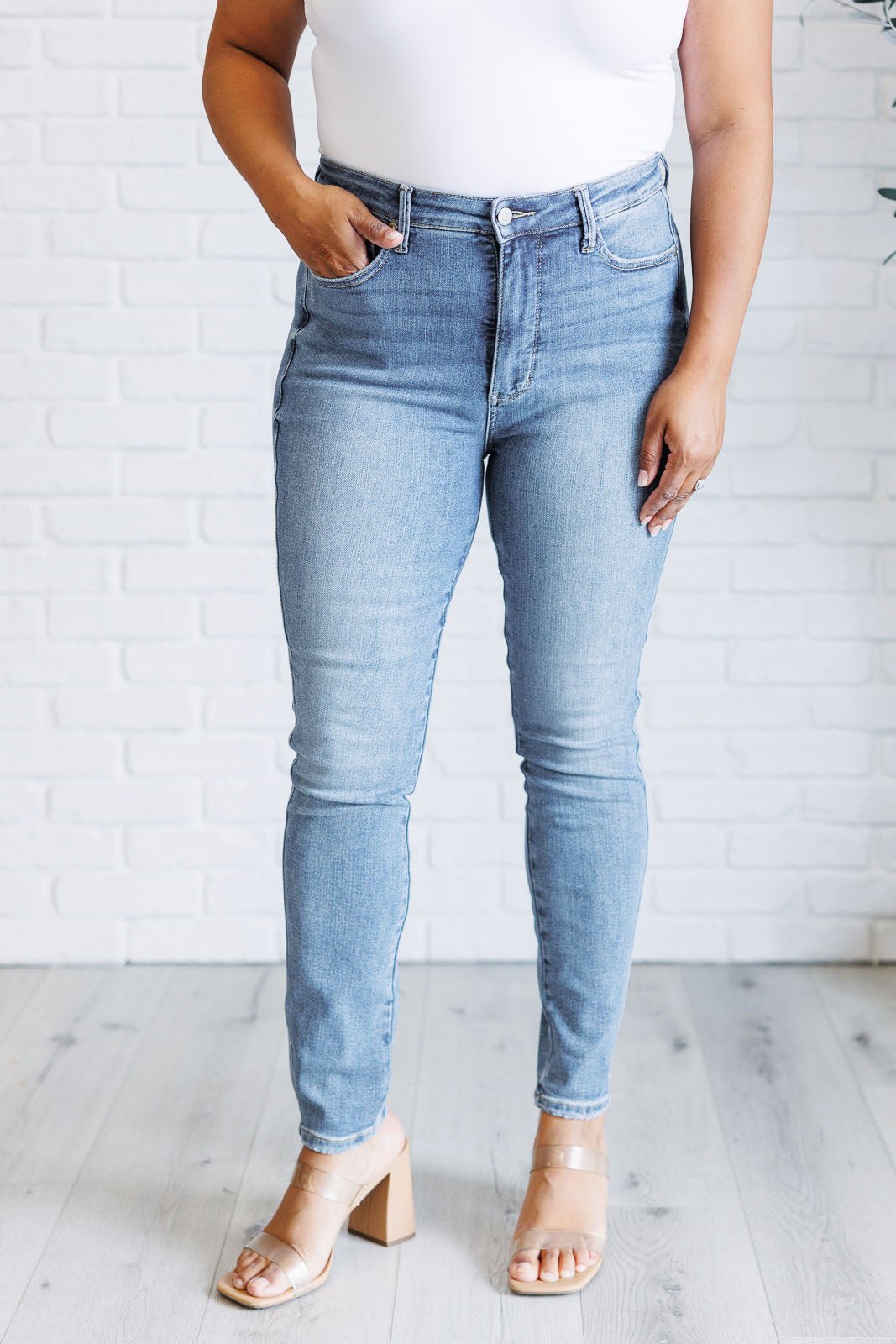 Justine High Rise Control Top Contrast Wash Skinny Jeans - Loving God